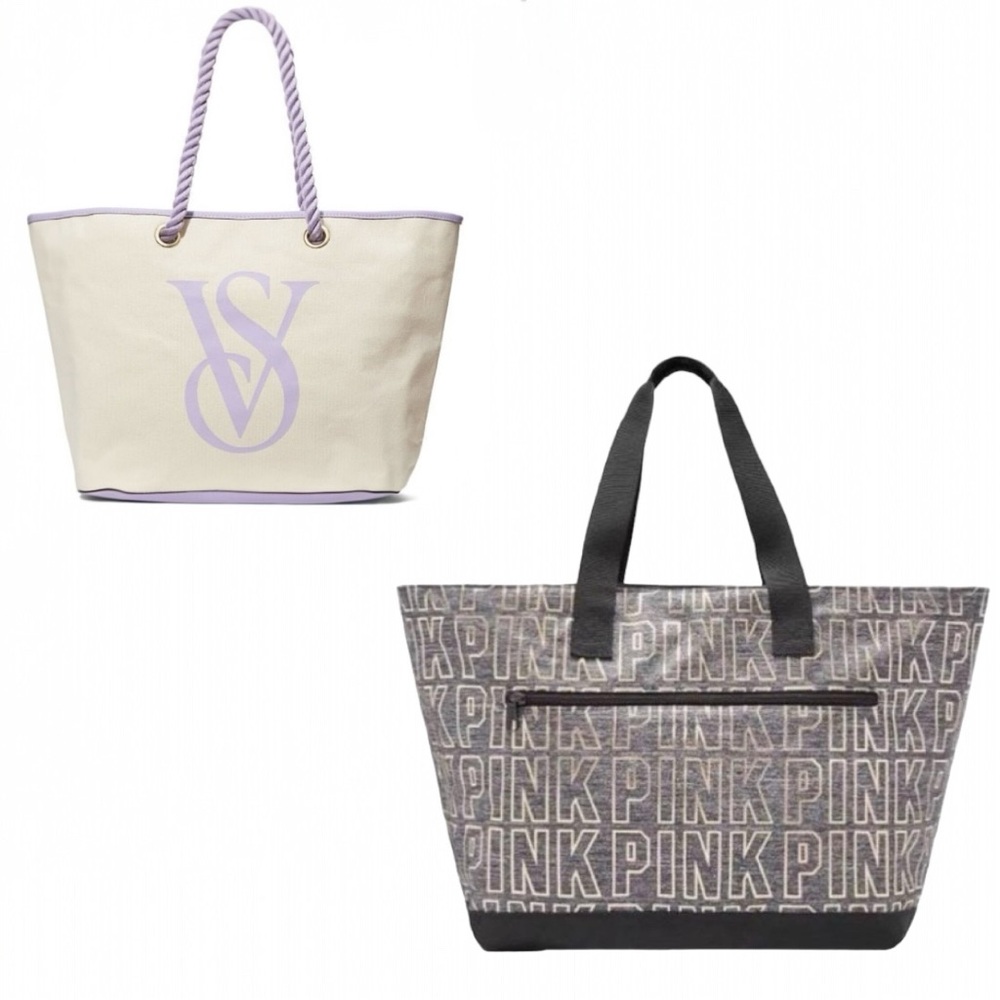 V.S. Logo Rope Handle & PINK Gray and Metallic Gold Weekender Tote Bag